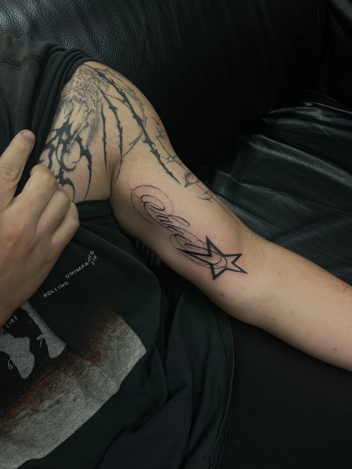 Lettering inner arm tattoo by Billy, San Jose CA